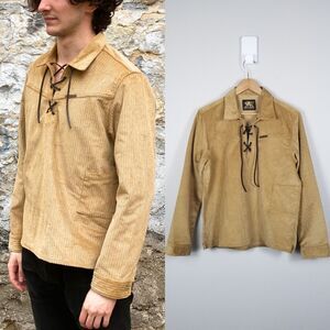 Indigofera Beige Corduroy Retro Leather Lace Up Pullover Garcia Shirt Size Small